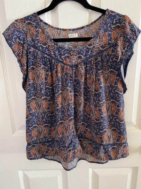 Hollister Boho Paisley Print Short Sleeve Blouse (blue/orange) Size Small