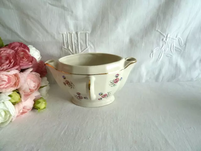 Belle saucière maigre gras porcelaine blanche filet doré décor floral 16/10cm