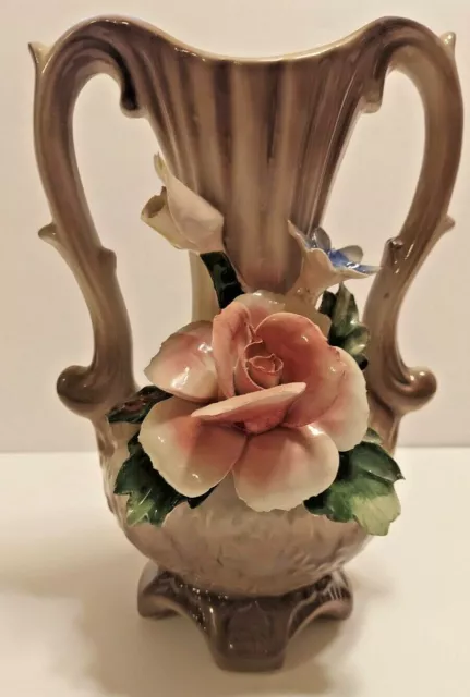 Vintage Nuova Capodimonte Double Handle Vase with Pink Rose & Flower Buds Italy