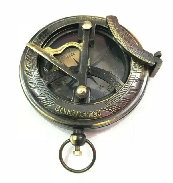 Antique Nautical Brass Push Button Sundial Compass Vintage Maritime Compass