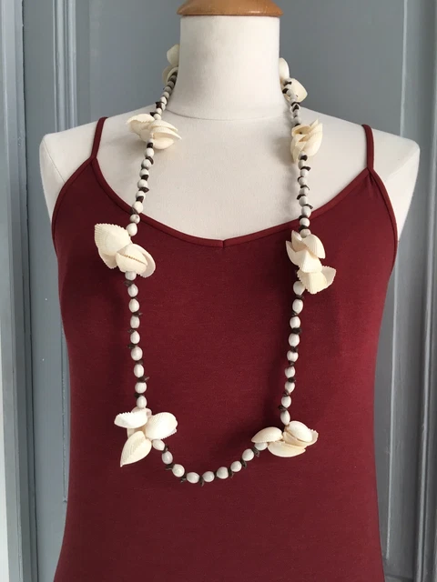 Collier Sautoir Vintage Coquillages Et Graines - Ancien, Bijou Unique Fait Main, Occasion