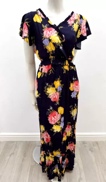 DOROTHY PERKINS Floral Navy Maxi Dress Floaty Short Sleeve V Neck Size 12