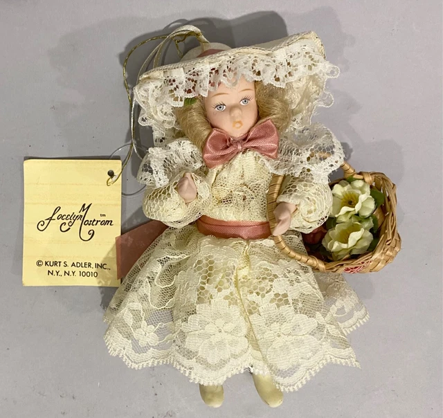 Vintage Jocelyn Mostrom Porcelain Doll Ornament 6 inch Kurt Adler Girl With Bask