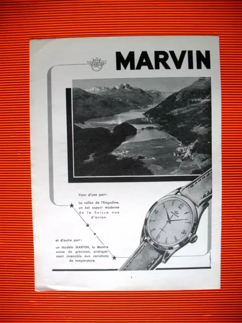 PUBLICITE DE PRESSE MARVIN MONTRE HORLOGERIE SUISSE VALLéE DE L'ENGADINE AD 1951