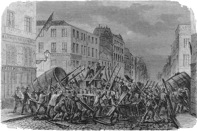 LA COMMUNE de PARIS - BARRICADE au FAUBOURG du TEMPLE (February 1870) - 19th engraving