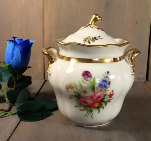 Beau Ancien Grand Sucrier Peint Main Fleurs Dorure Or Porcelaine de Paris