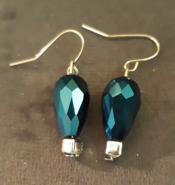 Handmade Metallic Blue Glass Crystal Earrings, Fashion Jewelry 