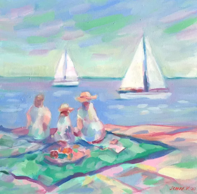 sailboats Landscape Painting seascape yacht boat square Blue pastel Original
