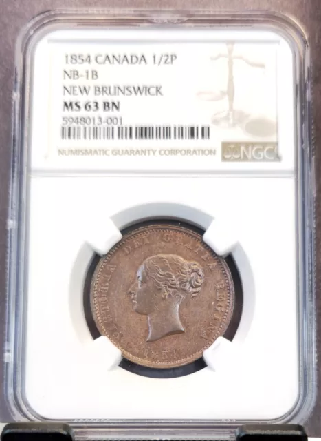 1854 Canada 1/2 Penny New Brunswick Nb-1B Ngc Ms 63 Bn Rare High Grade