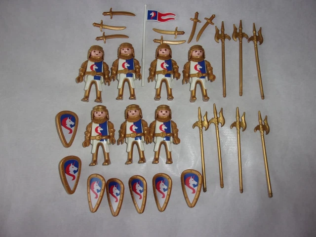 Lot De Playmobil  * 7 Chevaliers De La Licorne Doree Et Blanche + Accessoires *