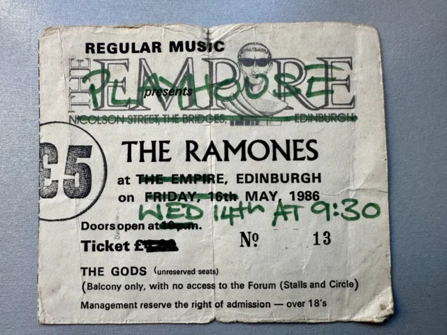 Rare 1986 The Ramones Edinburgh Empire Playhouse Concert Ticket Punk Memorabilia