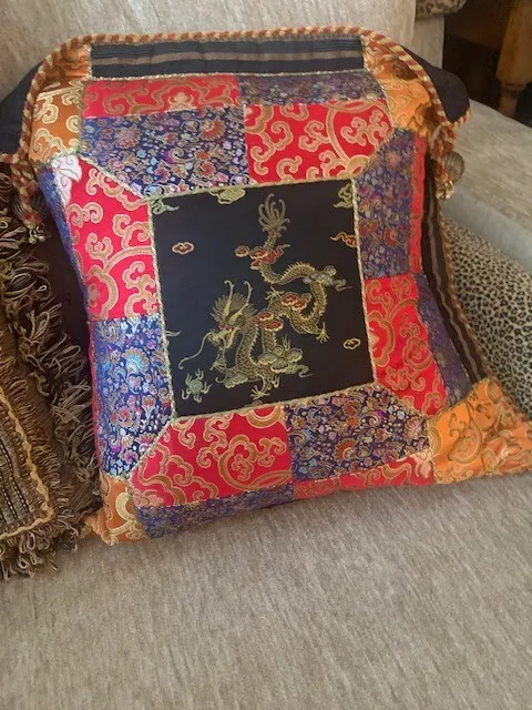 RARE Sweet Dreams Neiman Marcus Pillow Cover ASIAN DRAGON with BELLS 15x15"