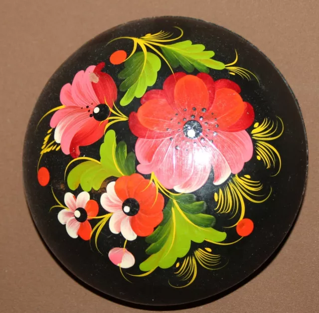 Vintage Hand Painted Floral Lacquer Wood Round Box