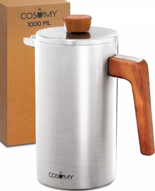 French Press 1L Edelstahl Holz Kaffeebereiter Set 5 Tassen Kaffee Tee Presse