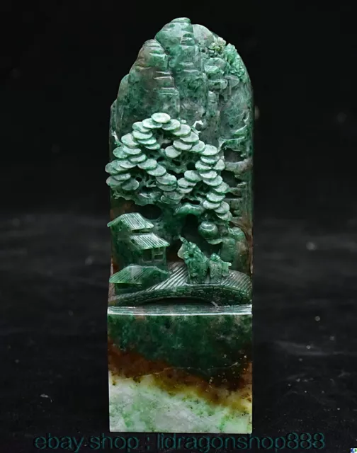 sceau d'arbre de montagne sculpté en jade de Dushan vert naturel chinois de 5,6"