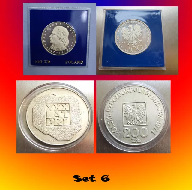 Set 6: 2 Mün.,100 złoty Kazim. Pułaski 1976, 200 Zl 1974 XXX Lat PRL,PP,Stg,AG