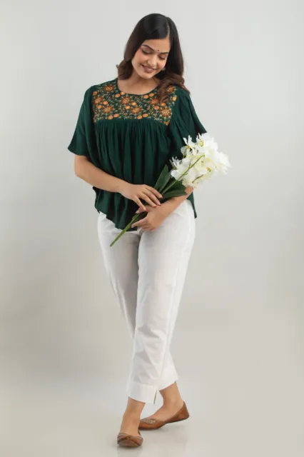 Women's Rayon embroidered Hip Length Formal Tops KRT019GREEN