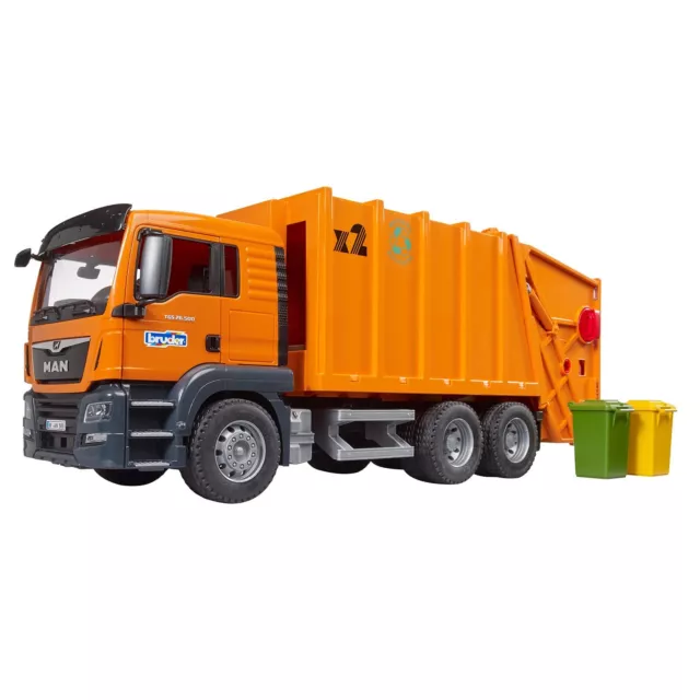 bruder 03760 MAN TGS Müll LKW Mülltonnen 1:16 Fahrzeug Spielzeug Orange NEU