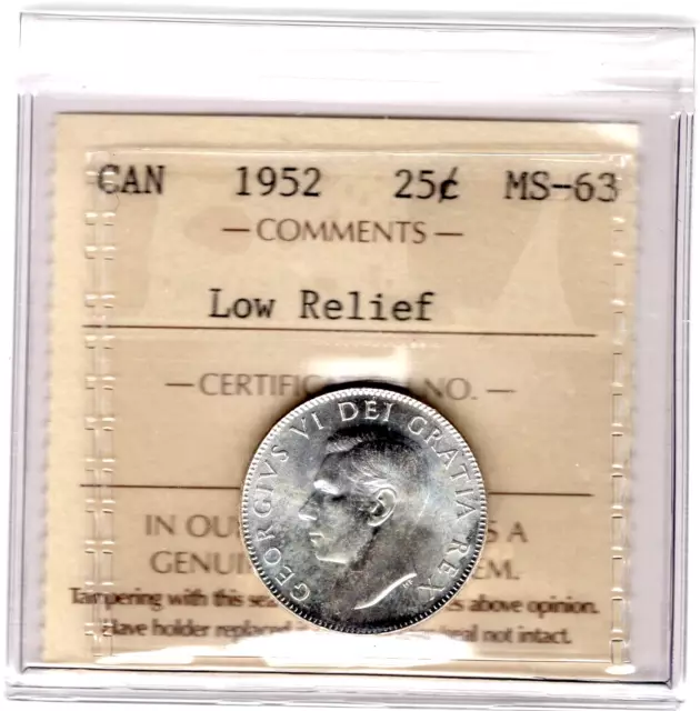 1952 Canada 25 Cents Silver Coin - Low Relief - ICCS Graded MS-63