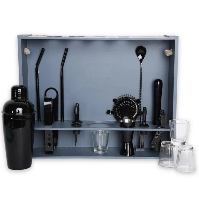 19 Pièces Cocktail Shaker Set Rustique Bois Support Pour Barman Kit Maison Gray