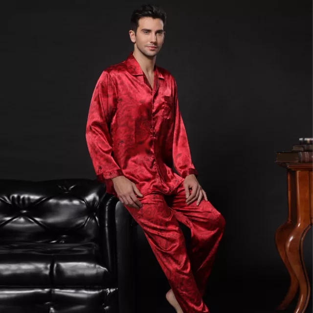 NWT 2PCS Mens Silk Satin Pajamas Sleepwear Pyjamas PJS Long Sleeve M008 M L