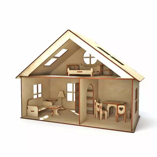 Wooden Doll House Cottage with Furniture 40x20x30cm Great Kids Gift Home Decro