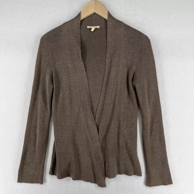 EILEEN FISHER Sweater XS Linen Cardigan Ribbed Open Front Long Sleeve Brown