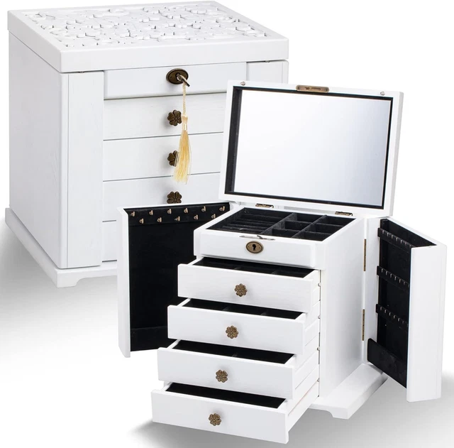 Hot Sugar Large Wooden Jewelry Box Organizer Lock Drawers Floral Carved Top