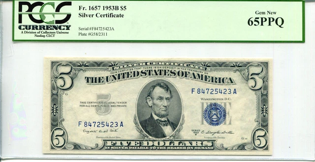 1953-B $5 Silver Certificate FA Block PCGS 65PPQ #F84725423A