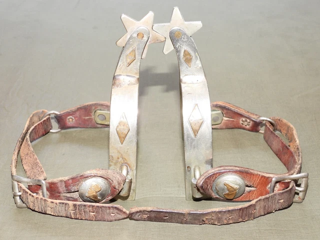 Vtg 1950s OLD WEST COWBOY RICARDO ENGRAVED NICKEL SILVER BOOT SPURS Antique RARE