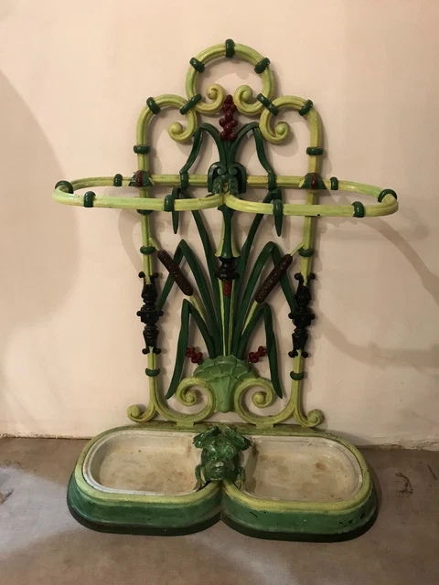 PORTE PARAPLUIE ANCIEN En Fonte Polychrome Xixeme Grenouille Et Roseaux porte-parapluie-ancien-en-fonte-polychrome-xixeme-grenouille-et-roseaux
