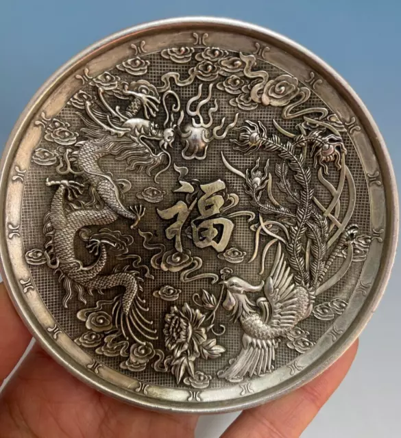 Old collection Chinese tibet silver handcarved dragon Phoenix plate gift