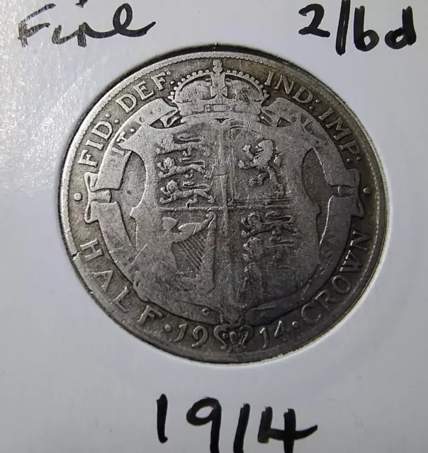 1914 Halfcrown George V 92.5% Silver 2/6d KM#818.1 Sp#4011 VeryScarce FINE