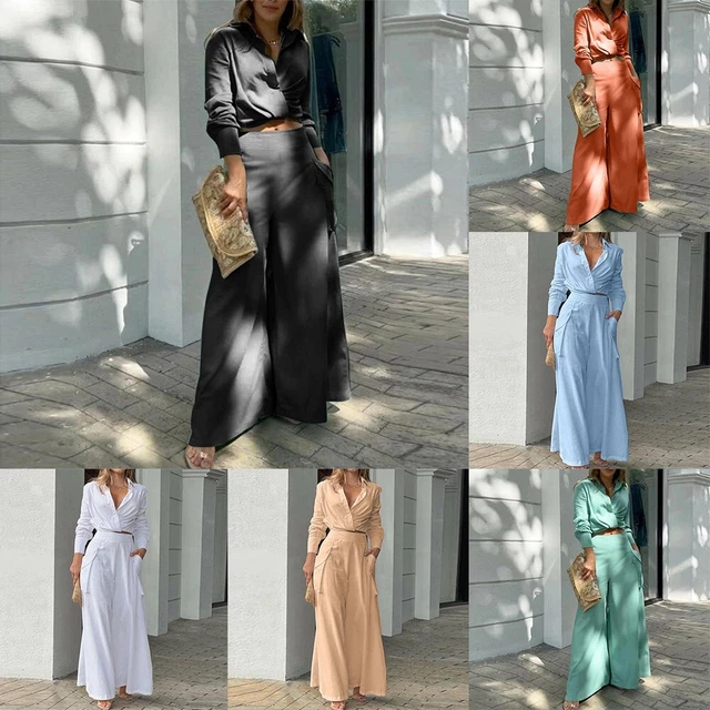 Elegante tuta donna in due pezzi con pantaloni gamba dritta e camicia collo a V