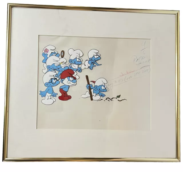 The Smurfs animation cel production Original art Cartoon Framed 16”x14” Papa