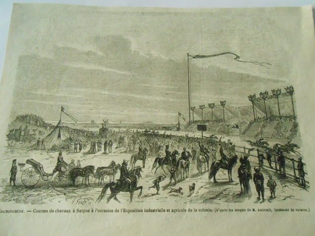 Gravure 1865 - Cochinchine courses de chevaux à Saïgon