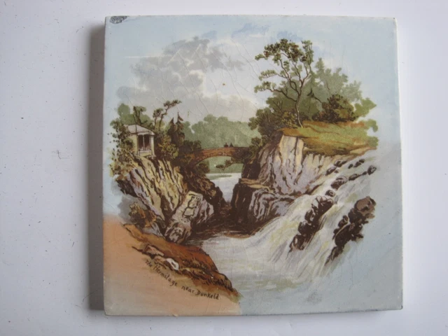 Antique Victorian 6" Hand-Coloured Landscape Print Tile - Hermitage Near Dunkeld