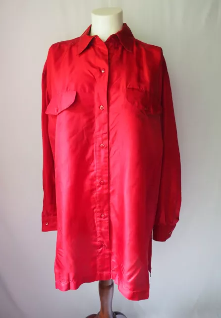 New York Studio Silk Habotai Oversized Blouse Tunic Button Front Red Size XS