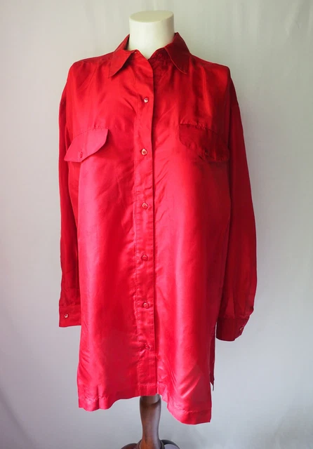 New York Studio Silk Habotai Oversized Blouse Tunic Button Front Red Size XS
