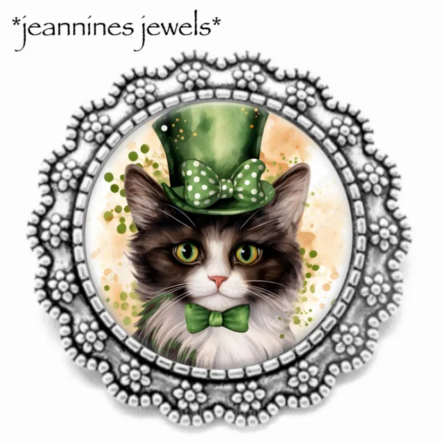 St Patricks Day Tuxedo Cat BROOCH Silver Lapel Pin Irish Celtic Cat Mom Gift