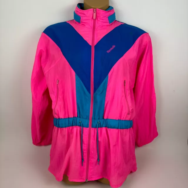 VTG Reebok Sport Jacket Pink Blue Windbreaker Hooded Colorblock Womens Medium M