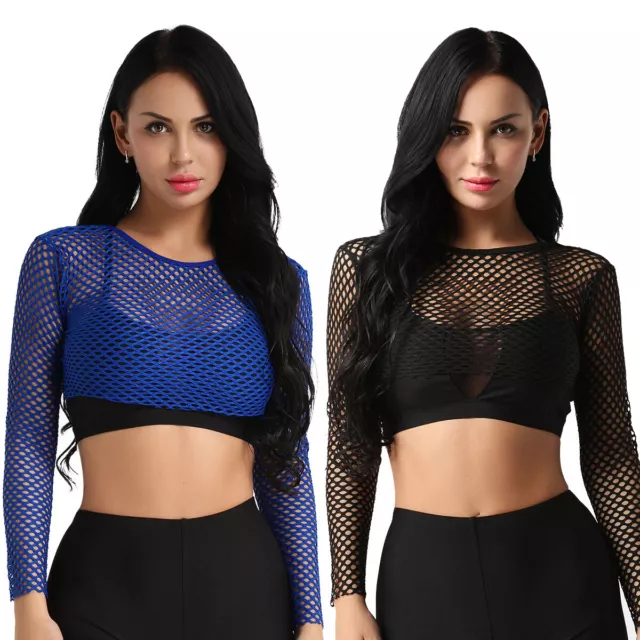 Women Fishnet Crop Top Long Sleeve See Through Mesh Short T-shirt Tops Clubwear