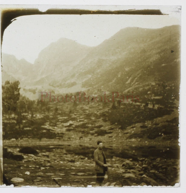 Andorre Alpiniste Montagne 1927 Photo Stereo Plaque de verre Vintage