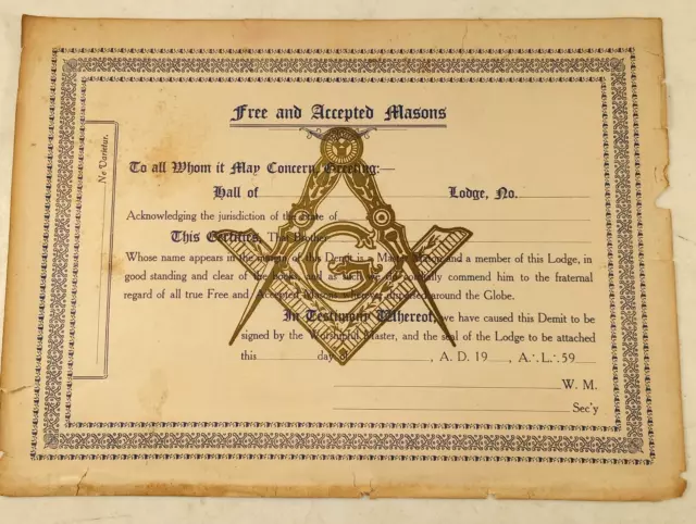 Antique Masonic Freemason Grand Lodge of Louisiana Certificate Unused