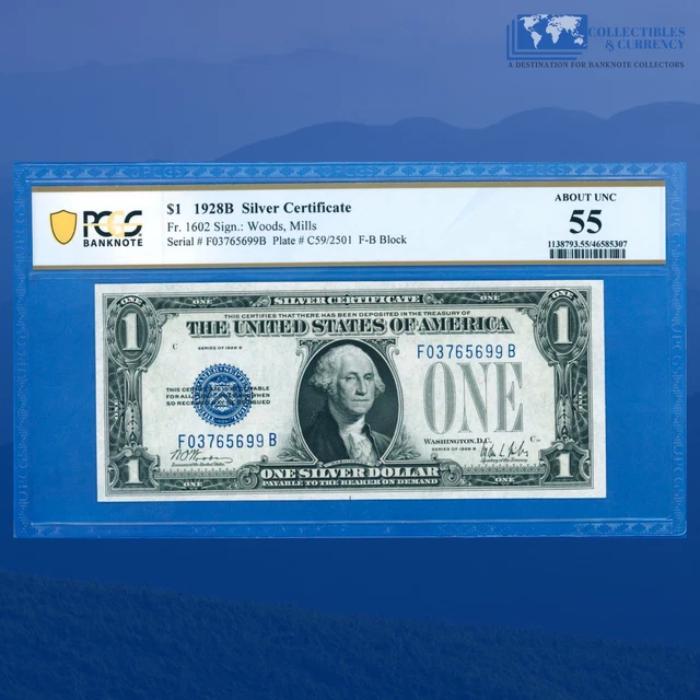 Fr.1602 1928B $1 Silver Certificate Blue Seal, "FUNNYBACK", PCGS 55 #65699