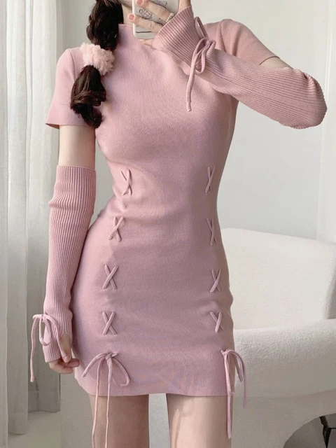 Maglia Maglione Mini Abito con Lacci Per Dolce Coreana Donna Autunno Slim Hot