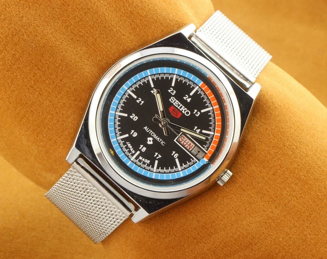 Vintage Seiko 5 Nero Racer 6309A Automatico Giappone Uomo Polso Orologio 37.5mm.