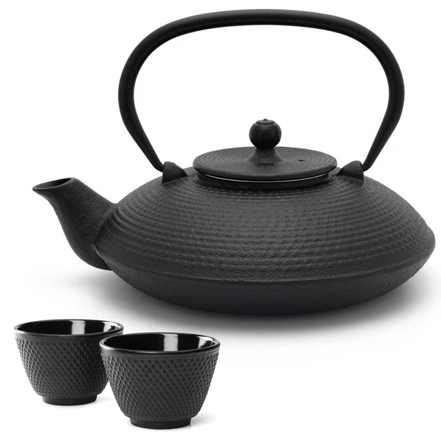Schwarze kleine Asia Teekanne Gusseisen 0.8 L mit Tee-Sieb Tee Set & 2 Teebecher