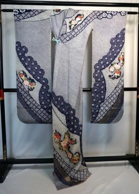 Japanese kimono SILK FURISODE long sleeves, Shibori dye, Embroidery, L67"