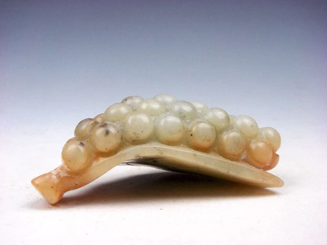 Old Nephrite Jade Stone Carved Grapes On Leaf Sculpture #04222313 3